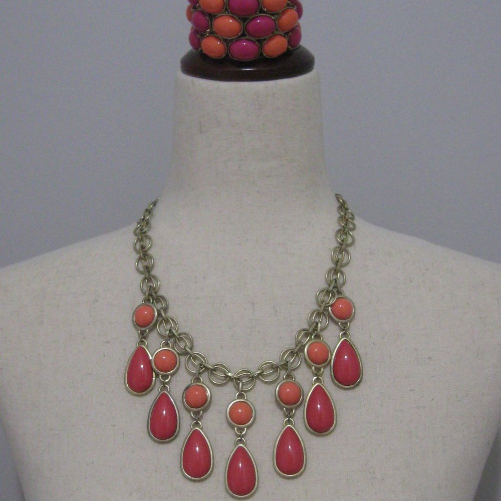 Bright Coral Orange and Pink Statement Necklace & Stretch Cuff Bracelet Set